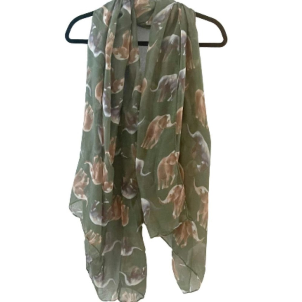 Elephant Print Scarf Wrap Shawls OS Green/ Brown